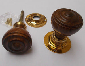 Rim door knob set Bun Wooden Teak and Brass.