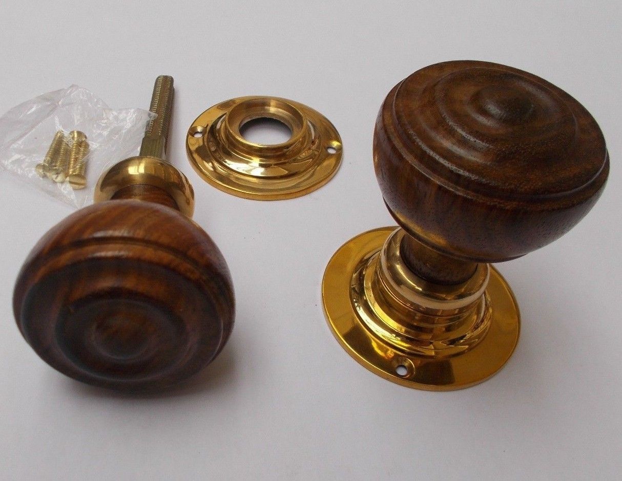 Rim door knob set Bun Wooden Teak and Brass.