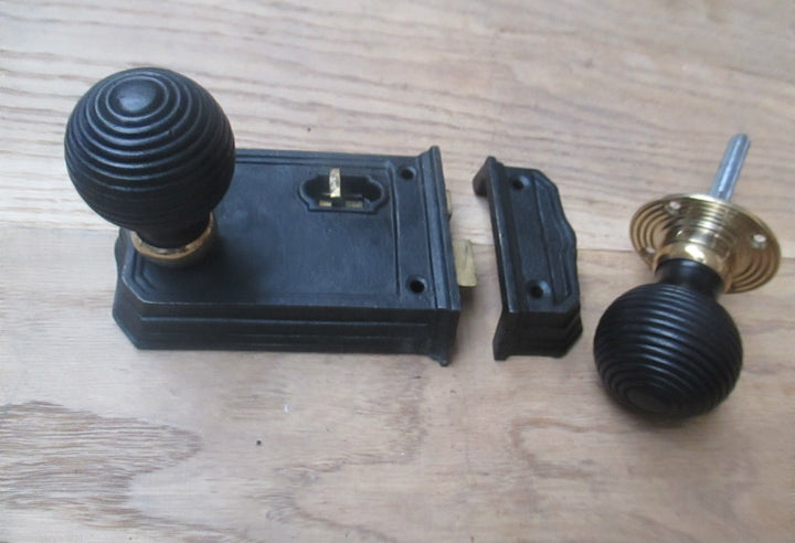 Large Cast Iron Rim Latch Black & Beehive Black + Brass Set.