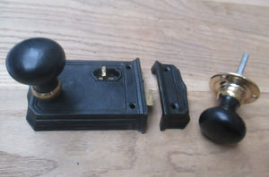 Large Cast Iron Rim Latch Black & Plain Bun Ebony + Brass Set.