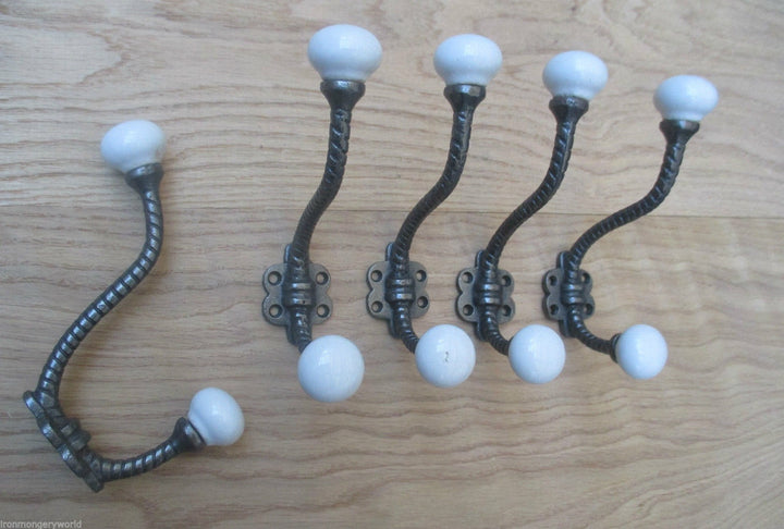 Pack Of 5 Twisted Ceramic Coat Hooks Antique Iron.