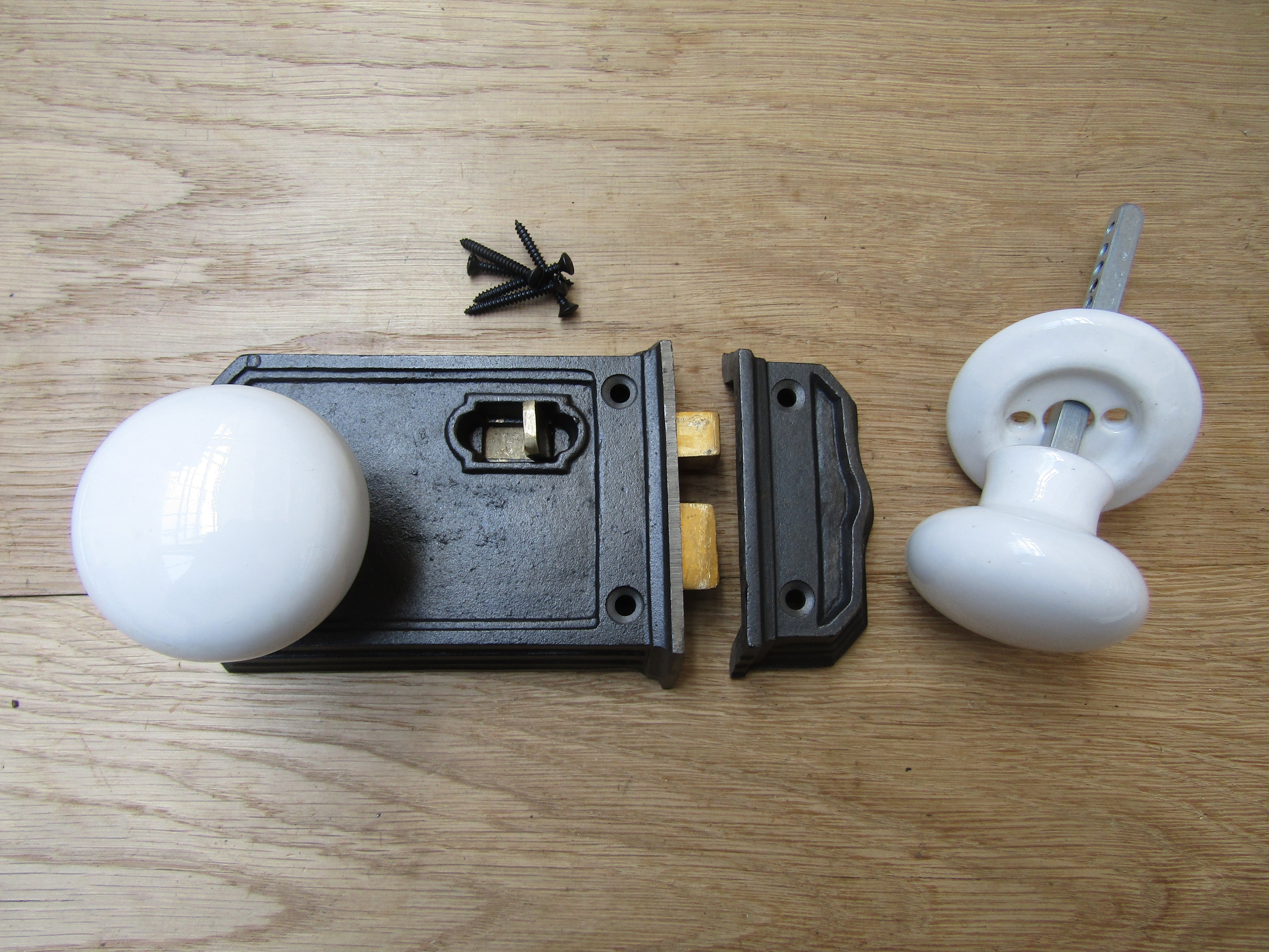 Large Rim Latch Antique Iron & White Ceramic Set.