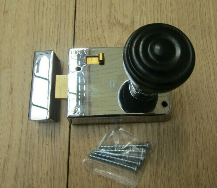 4inch Rim Latch Polished Chrome & Bun Rimmed Ebony + Chrome Set.