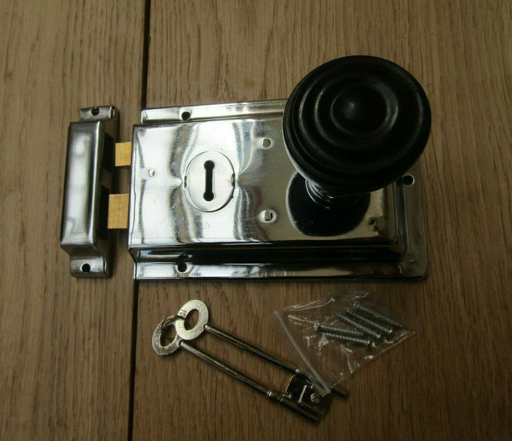 6inch Rim Lock Brass & Bun Rimmed Ebony + Chrome Set.