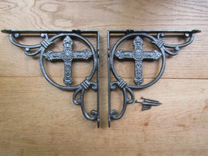 Pair Of 9inch Gothic Church Cross Shelf Brackets Antique Iron.