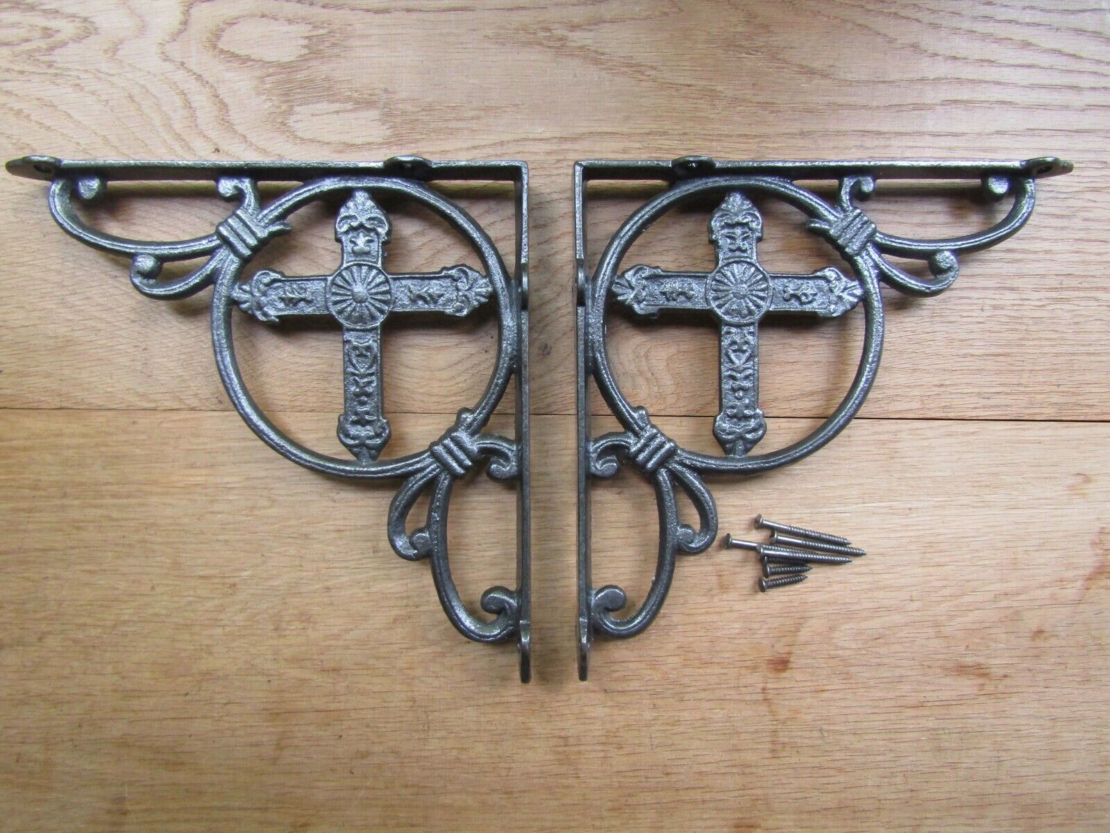 Pair Of 9inch Gothic Church Cross Shelf Brackets Antique Iron.