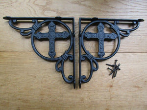 Pair Of 9inch Gothic Church Cross Shelf Brackets Black Antique.