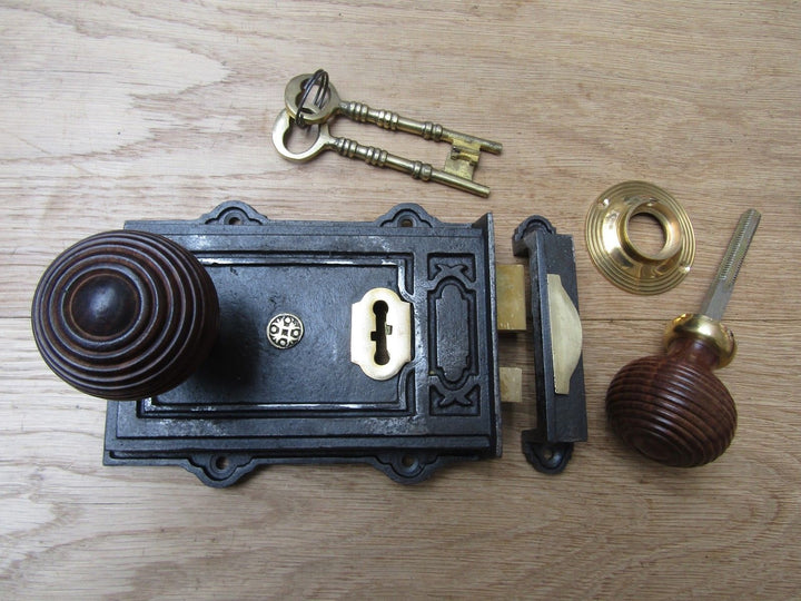 Davenport Rim Lock Antique Iron & Beehive Teak + Brass Set.