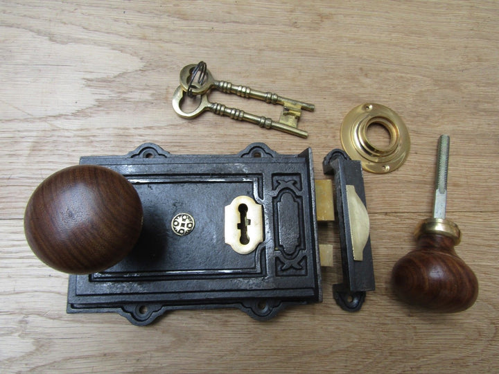 Davenport Rim Lock Antique Iron & Plain Bun Teak + Brass Set.