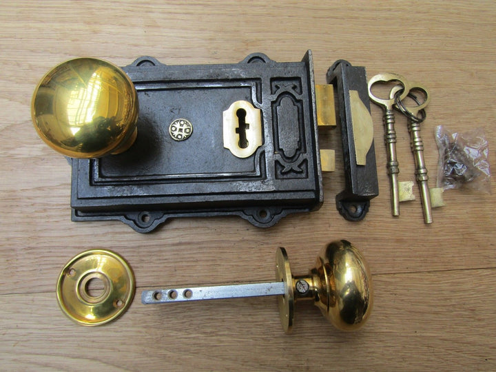 Davenport Rim Lock Antique Iron & Cottage Rim Antique Brass Set.