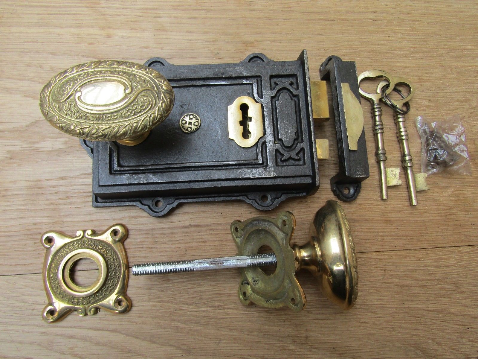 Davenport Rim Lock Antique Iron & Art Nouveau Brass Set.