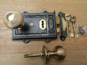 Davenport Rim Lock Antique Iron & Beehive Reedeed Rim Polished Brass Set.