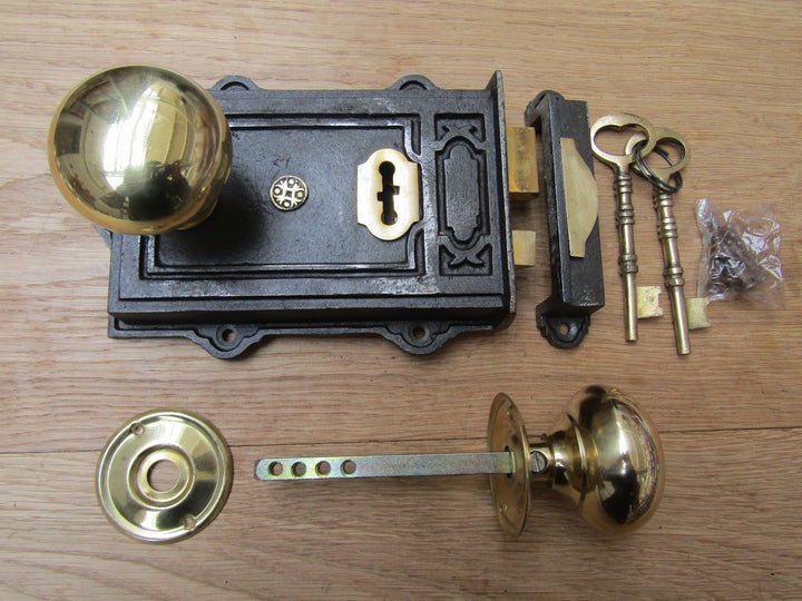 Davenport Rim Lock Antique Iron & Cottage Rim Natural Brass Set.