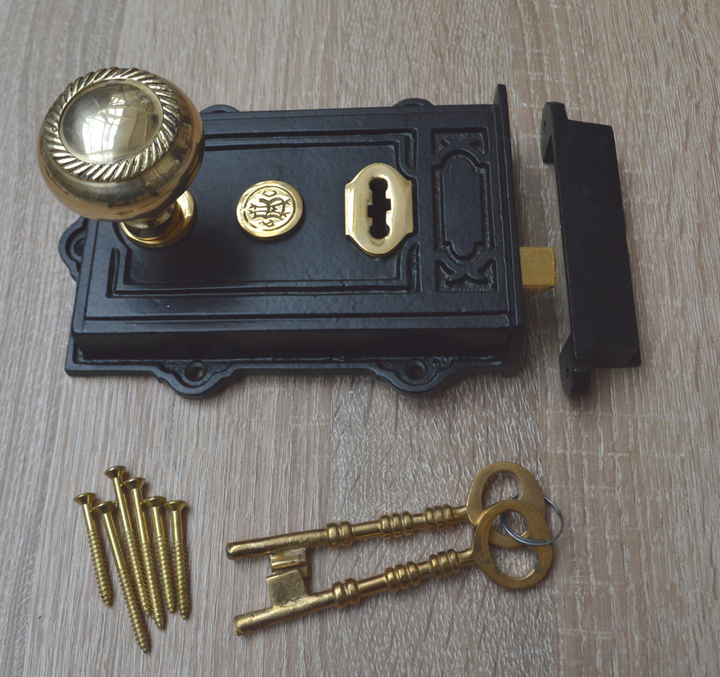 Cast Iron Davenport Rim Lock Black Antique & Georgian Rim Brass Set.