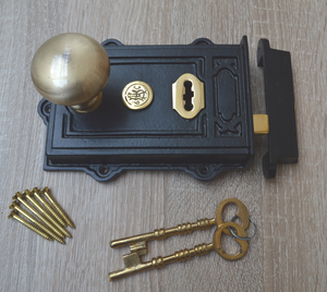 Cast Iron Davenport Rim Lock Black Antique & Mushroom Rim Knob Antique Brass Set.