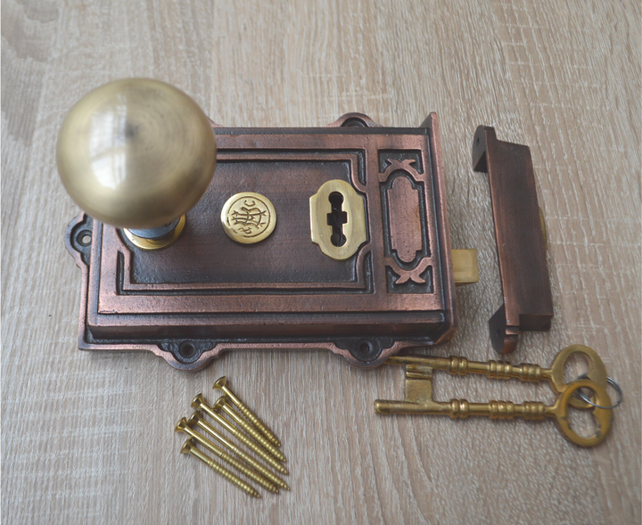 Cast Iron Davenport Rim Lock Antique Copper & Mushroom Rim Knob Antique Brass Set.