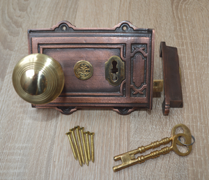 Cast Iron Davenport Rim Lock Antique Copper & Beehive Reeded Rim Polished Brass Set.