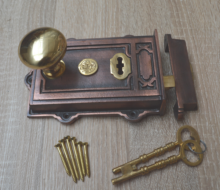 Cast Iron Davenport Rim Lock Antique Copper & Cottage Rim Natural Brass Set.