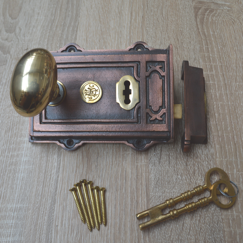 Cast Iron Davenport Rim Lock Antique Copper & Oval Rim Brass Set.