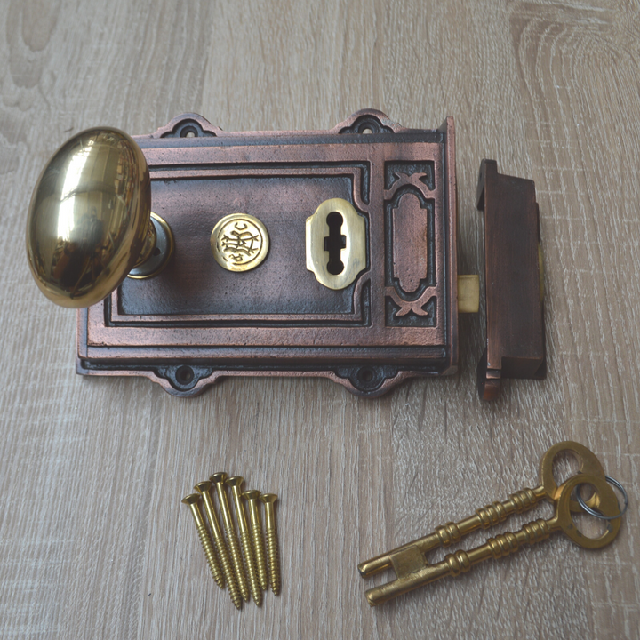 Cast Iron Davenport Rim Lock Antique Copper & Oval Rim Brass Set.