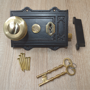 Cast Iron Davenport Rim Lock Black Antique & Beehive Reeded Rim Polished Brass Set.