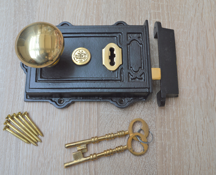 Cast Iron Davenport Rim Lock Black Antique & Cottage Rim Natural Brass Set.
