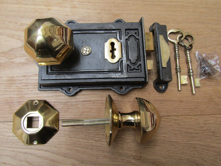 Davenport Rim Lock Antique Iron & Octagonal Rim Brass Set.