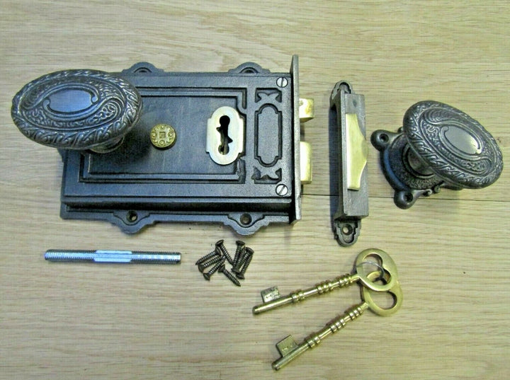 Davenport Rim Lock Antique Iron & Art Nouveau Knob Set.