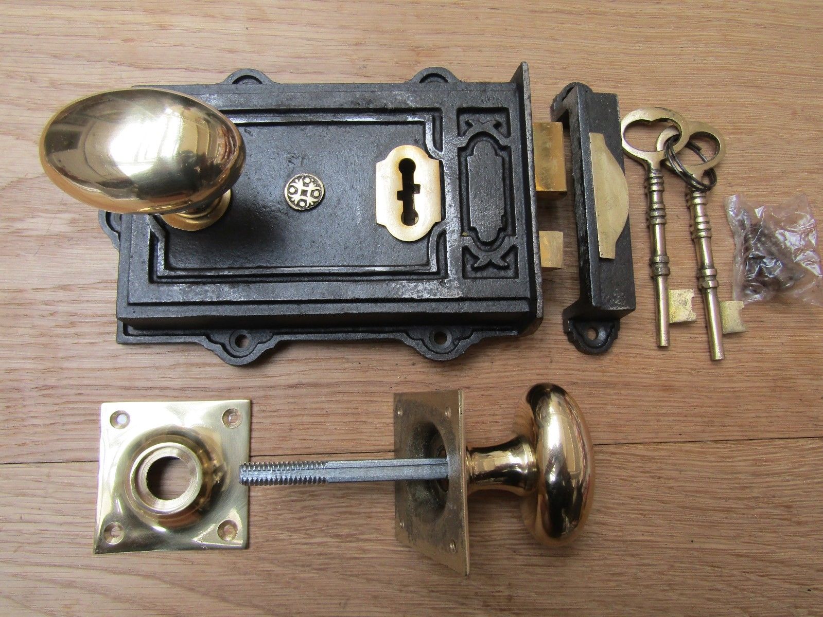 Davenport Rim Lock Antique Iron & Oval Square Base Rim Brass Set.