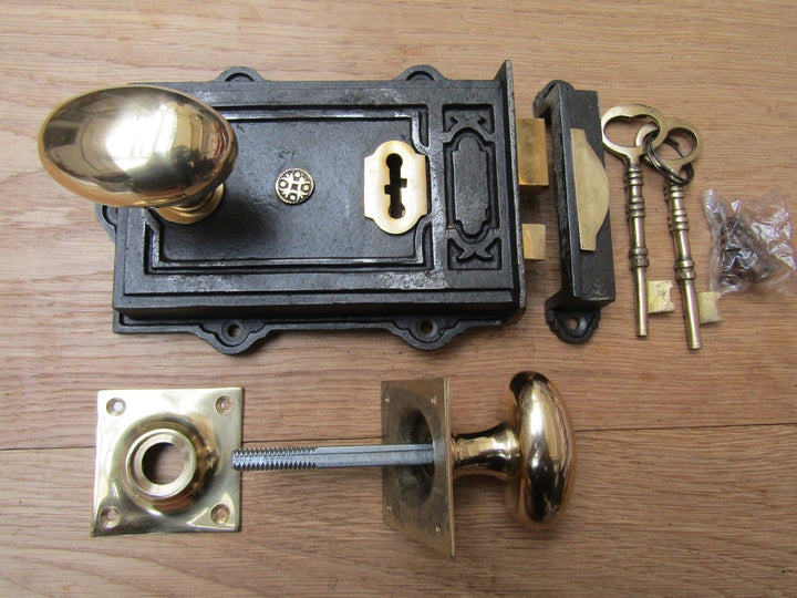 Davenport Rim Lock Antique Iron & Oval Square Base Rim Brass Set.