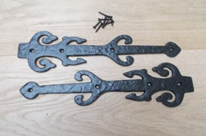 Pair of 12inch Decorative Ornate Hinge fronts Black Antique.
