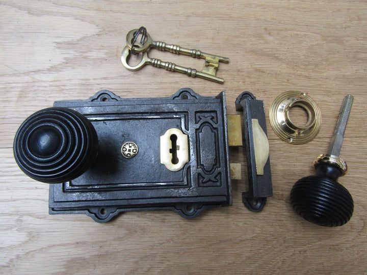 Davenport Rim Lock Antique Iron & Beehive Ebony + Brass Set.