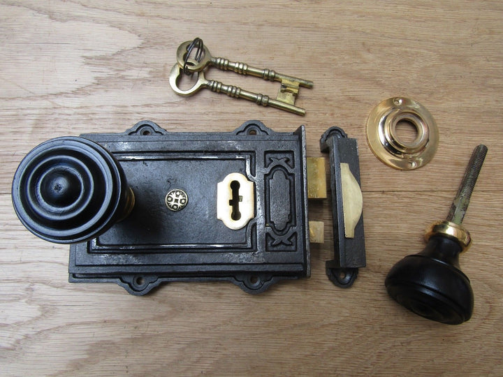 Davenport Rim Lock Antique Iron & Bun Rimmed Ebony + Brass Set.