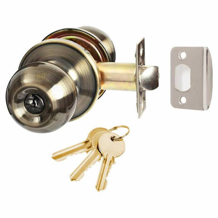 Round Top Mortice Entrance Door Knob Lockable Set Antique Brass.