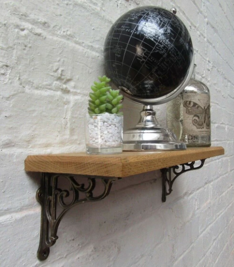Unfinished Oak Wood Shelf 48cm with 5inch Victorian scroll Bracket Antique brass.
