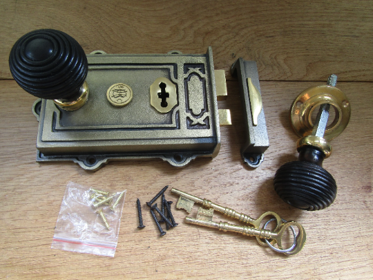 Cast Iron Davenport Rim Lock Antique Brass & Beehive Ebony + Brass Set.