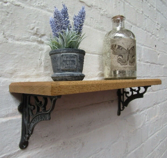 Antique Wax Oil Oak Wood Shelf 78cm with 5inch J Duckett Brackets Antique Iron.