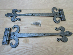 Pair of 18inch Fleur de lys with Curls Antique Iron Hinges.