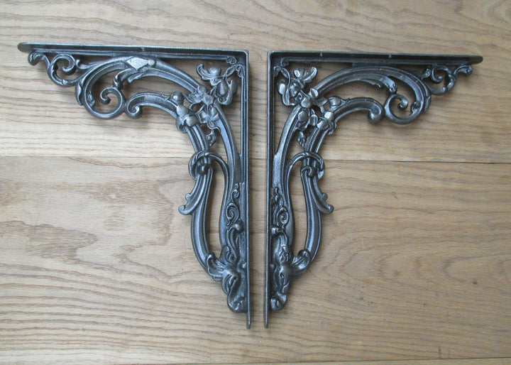 Pair Of Floral Shelf Brackets Antique Iron 12inch.