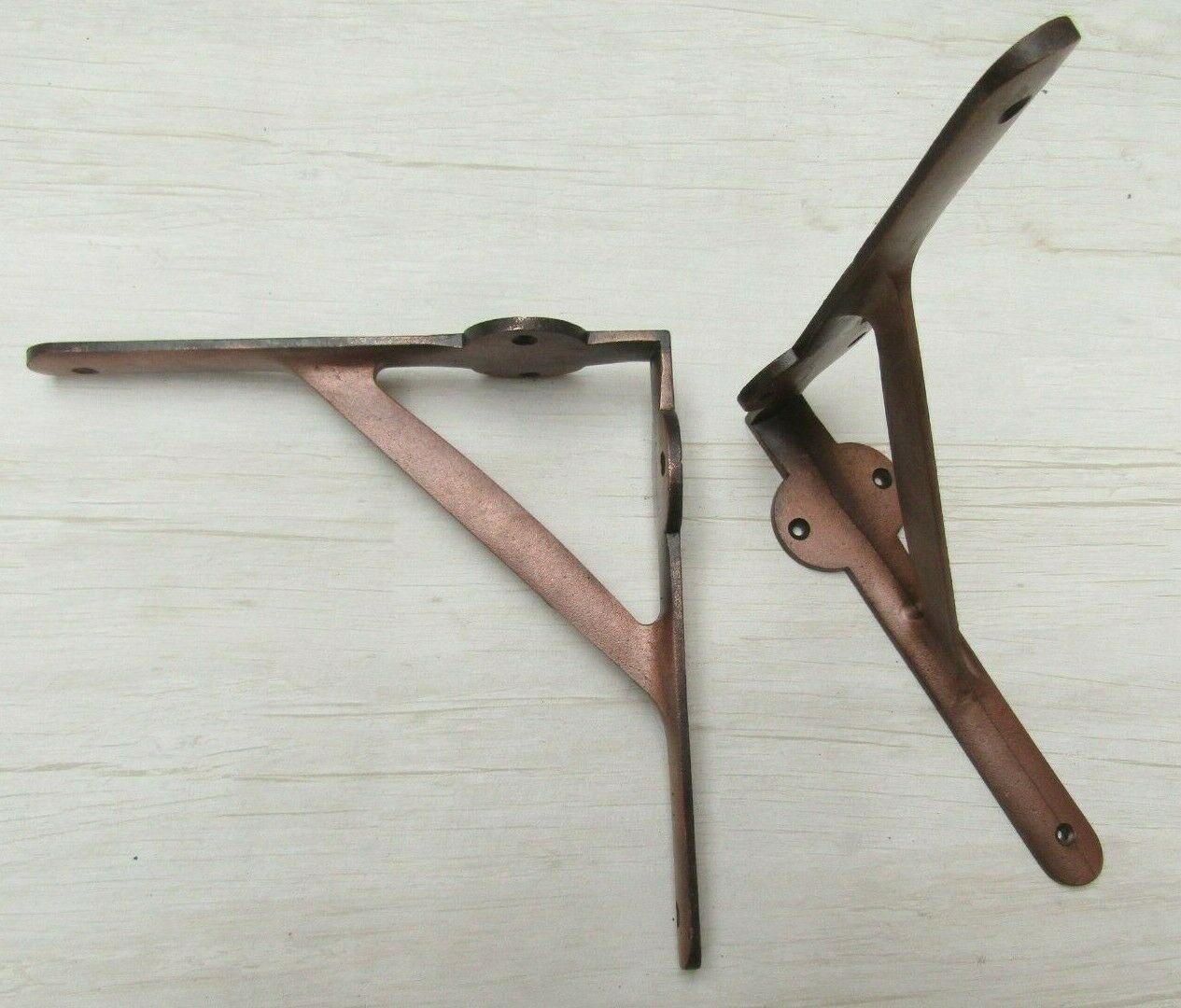 Pair Of Lugged Industrial Gallows Shelf Brackets Antique Copper.