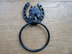 Equestrian Horseshoe Hitching Tie Ring On Plate Black.
