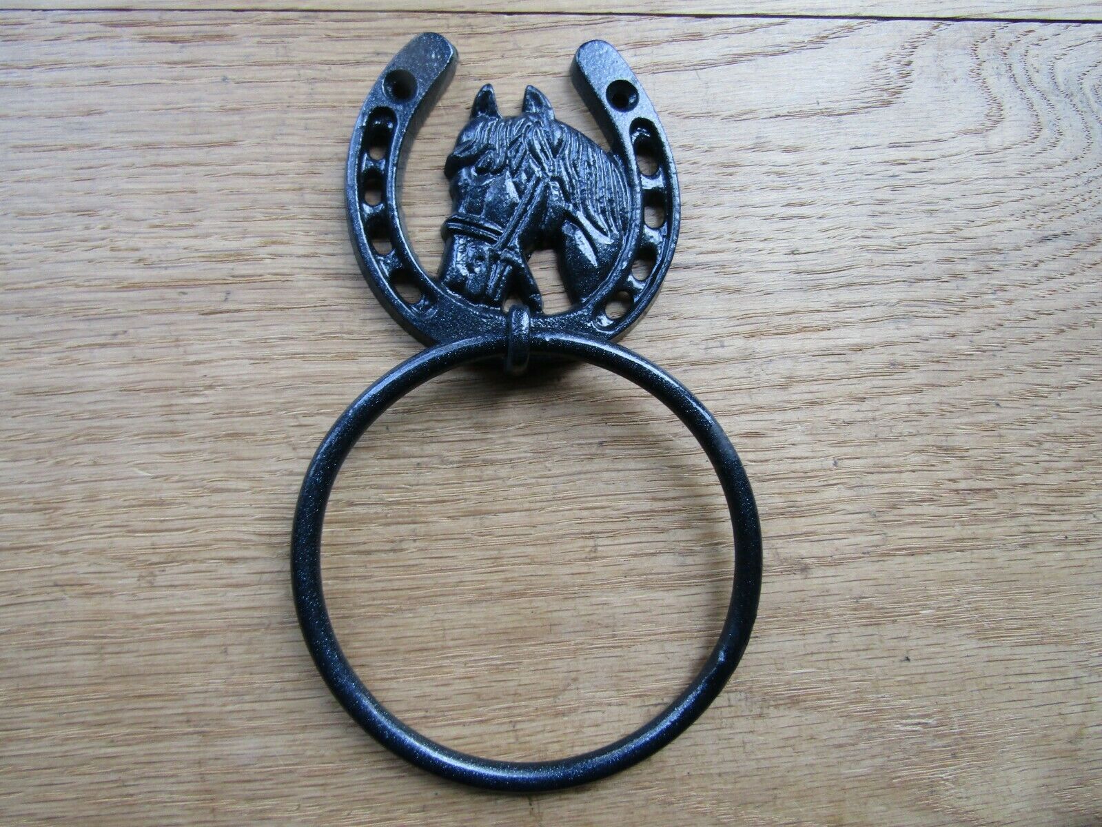 Equestrian Horseshoe Hitching Tie Ring On Plate Black.