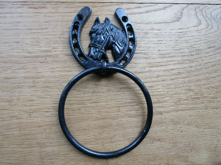 Equestrian Horseshoe Hitching Tie Ring On Plate Black.
