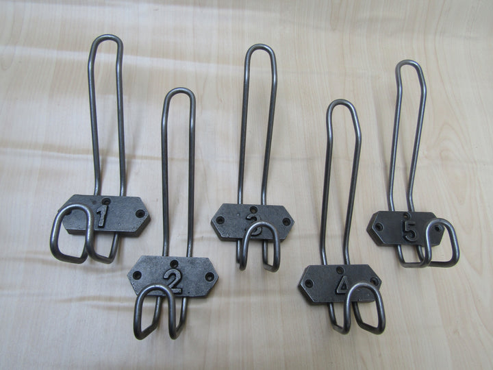Pack Of 5 Numbered Wire Industrial School Coat Hooks.