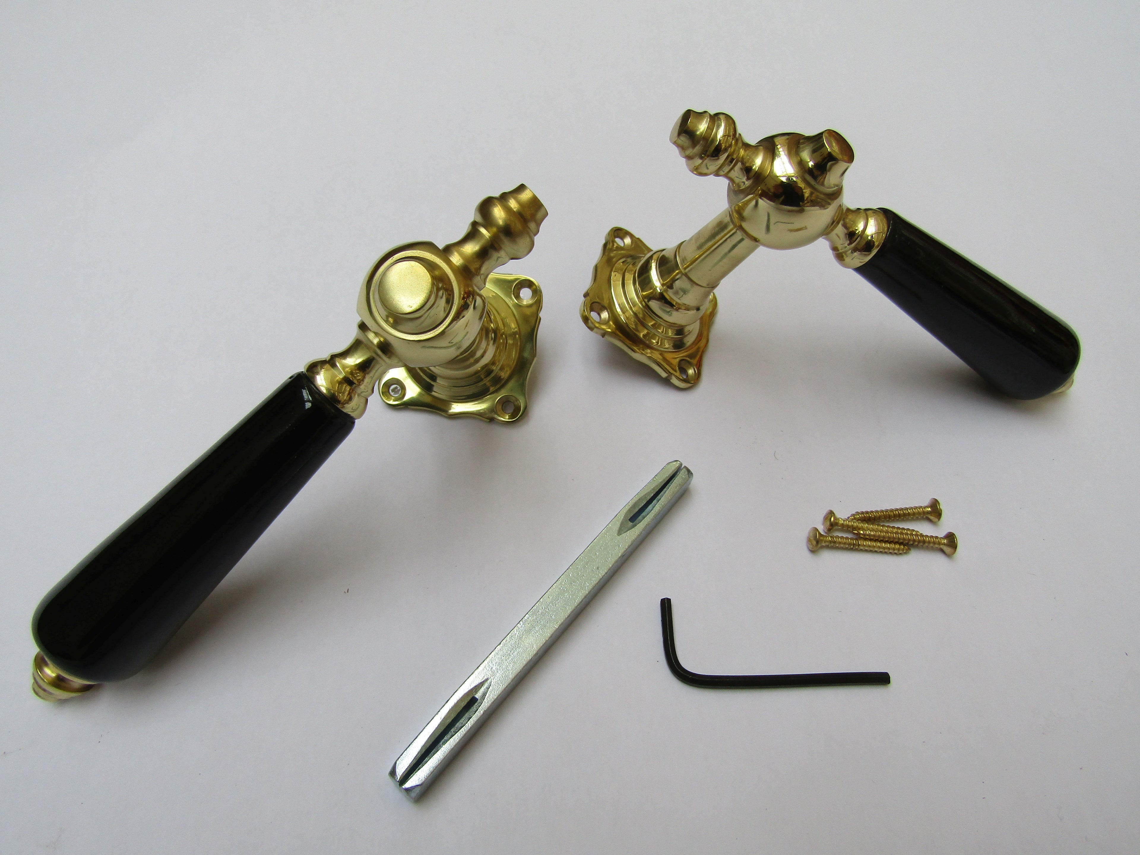 Pair Of Kensington Ceramic Lever On Rose Door Handles Edwardian Black & Brass.
