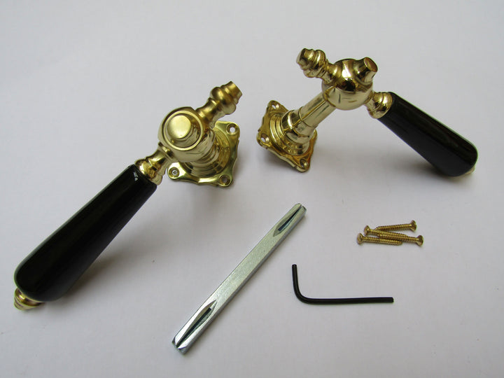 Pair Of Kensington Ceramic Lever On Rose Door Handles Edwardian Black & Brass.