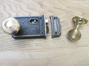 Large Rim Latch Antique Iron & Beehive Rim Brass Set.