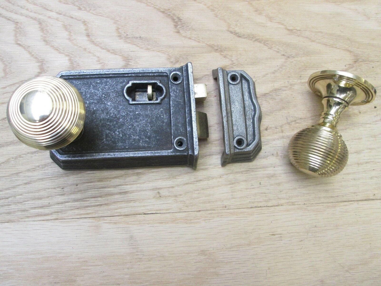 Large Rim Latch Antique Iron & Beehive Rim Brass Set.