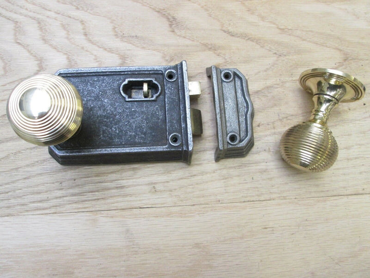 Large Rim Latch Antique Iron & Beehive Rim Brass Set.