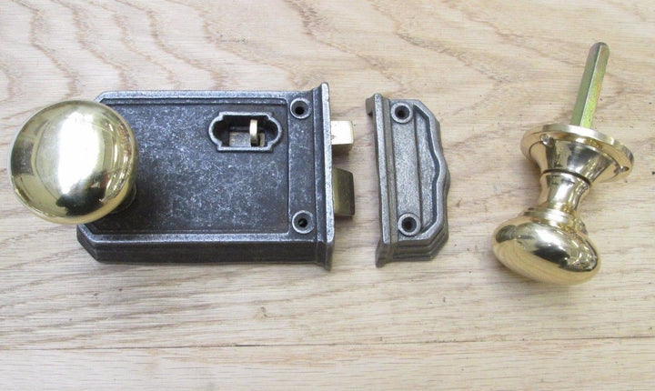 Large Rim Latch Antique Iron & Victorian Round Rim Brass Set.